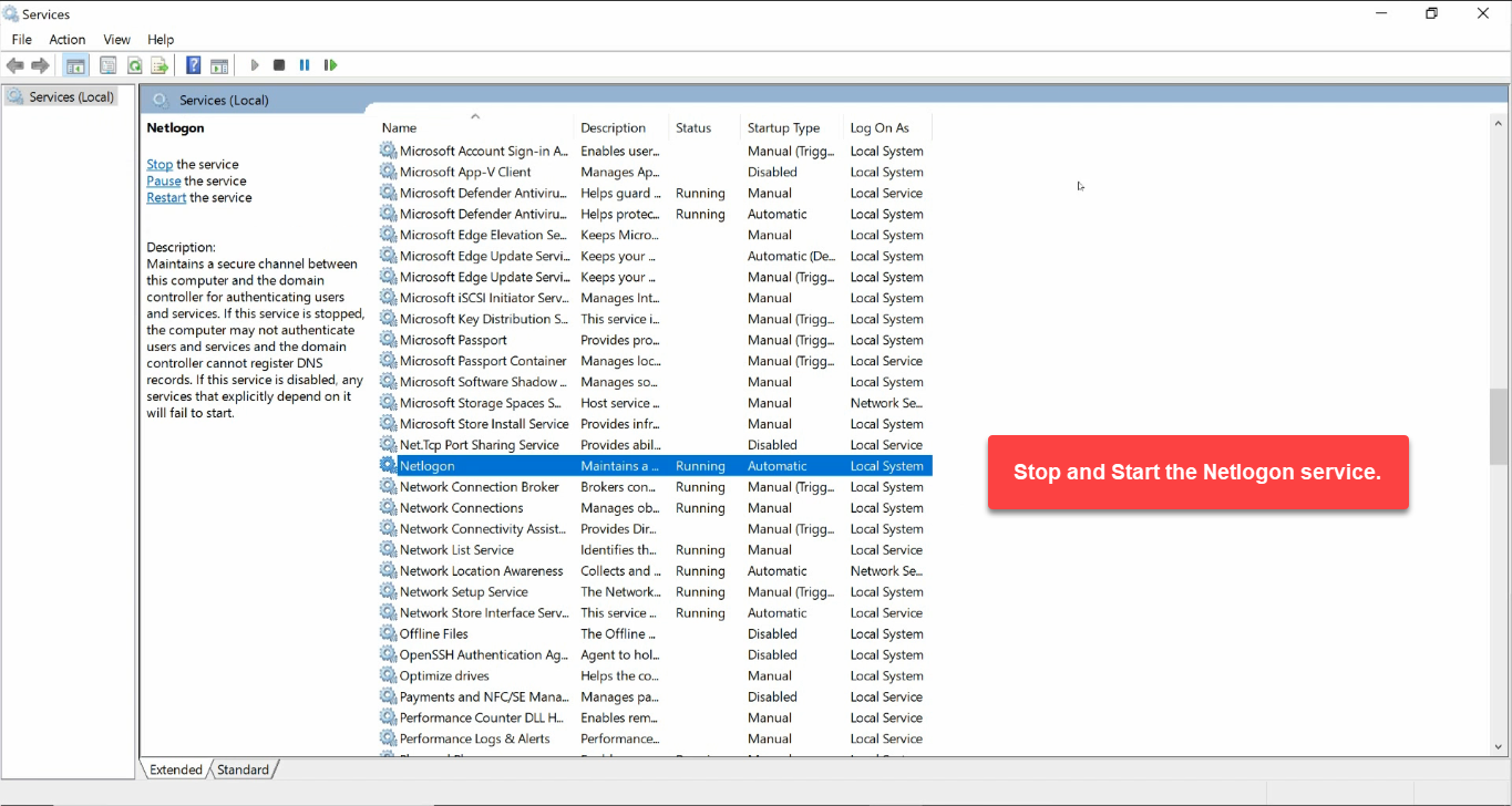 Services console Netlogon service highlighted for Stop and Start