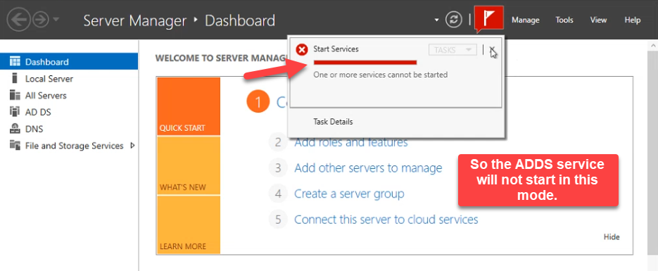 Server Manager popup reading One or more services cannot be started