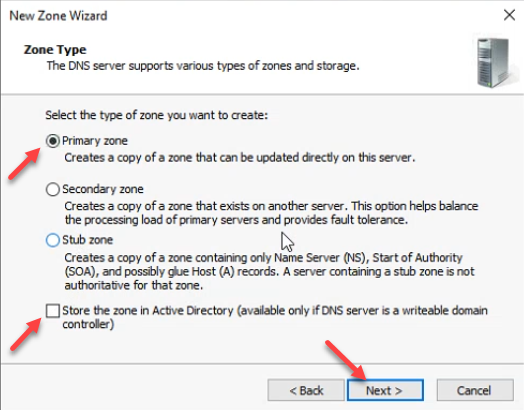 New Zone Wizard Zone Type page with Primary zone selected and Store the zone in Active Directory checkbox unchecked