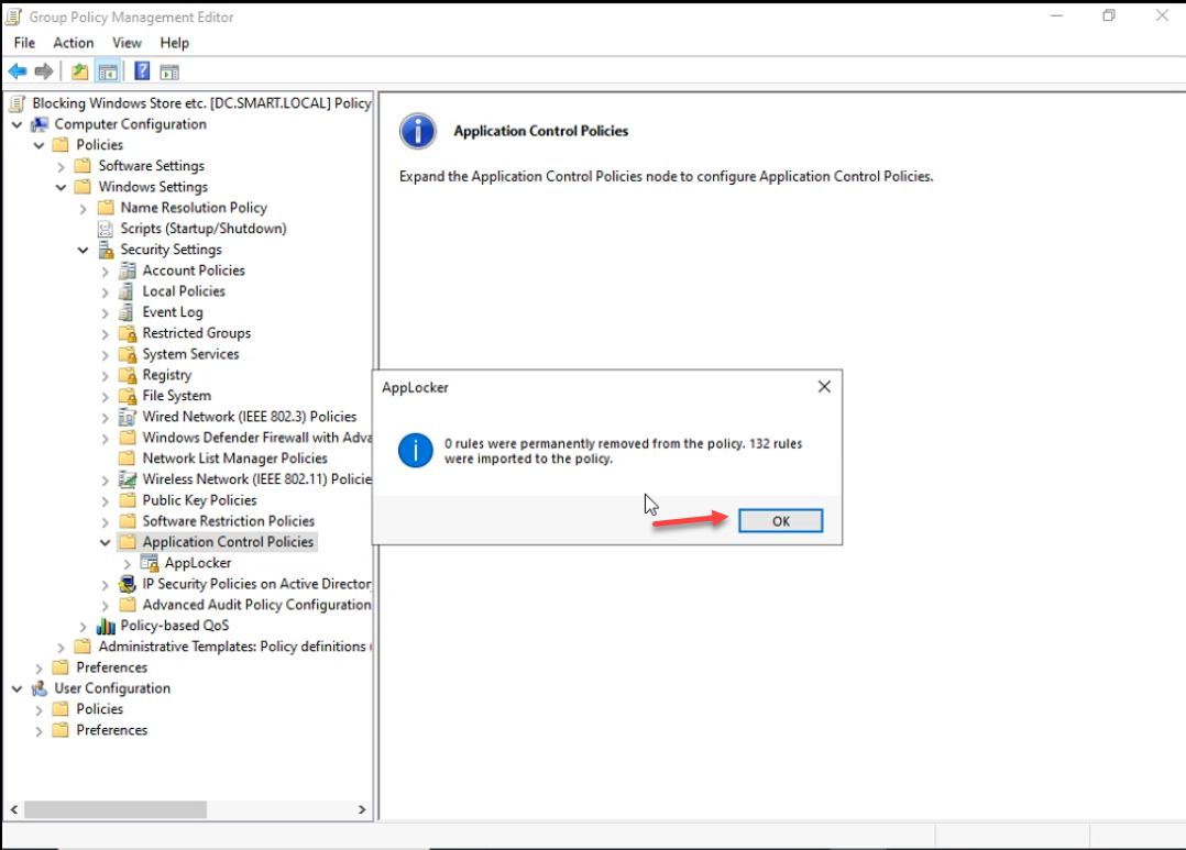 AppLocker confirmation dialog showing 0 rules removed and 132 rules imported