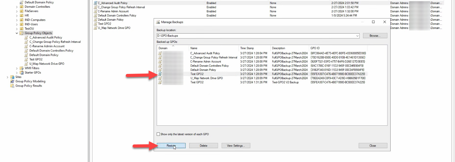 Backup status dialog showing the single GPO succeeded
