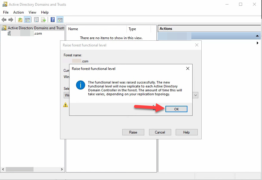 Raise forest functional level success dialog confirming the change replicated to each Active Directory Domain Controller in the forest