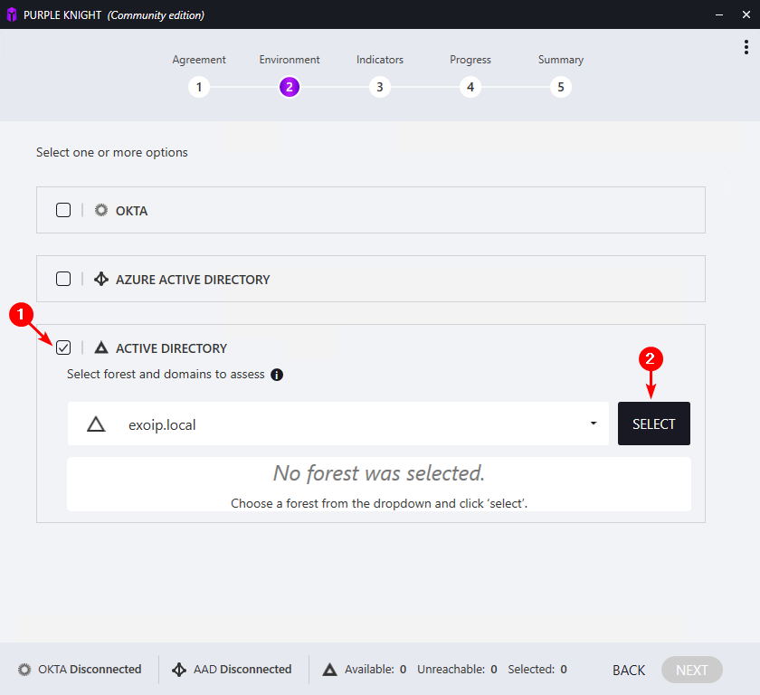 Purple Knight Environment step Active Directory checkbox selected