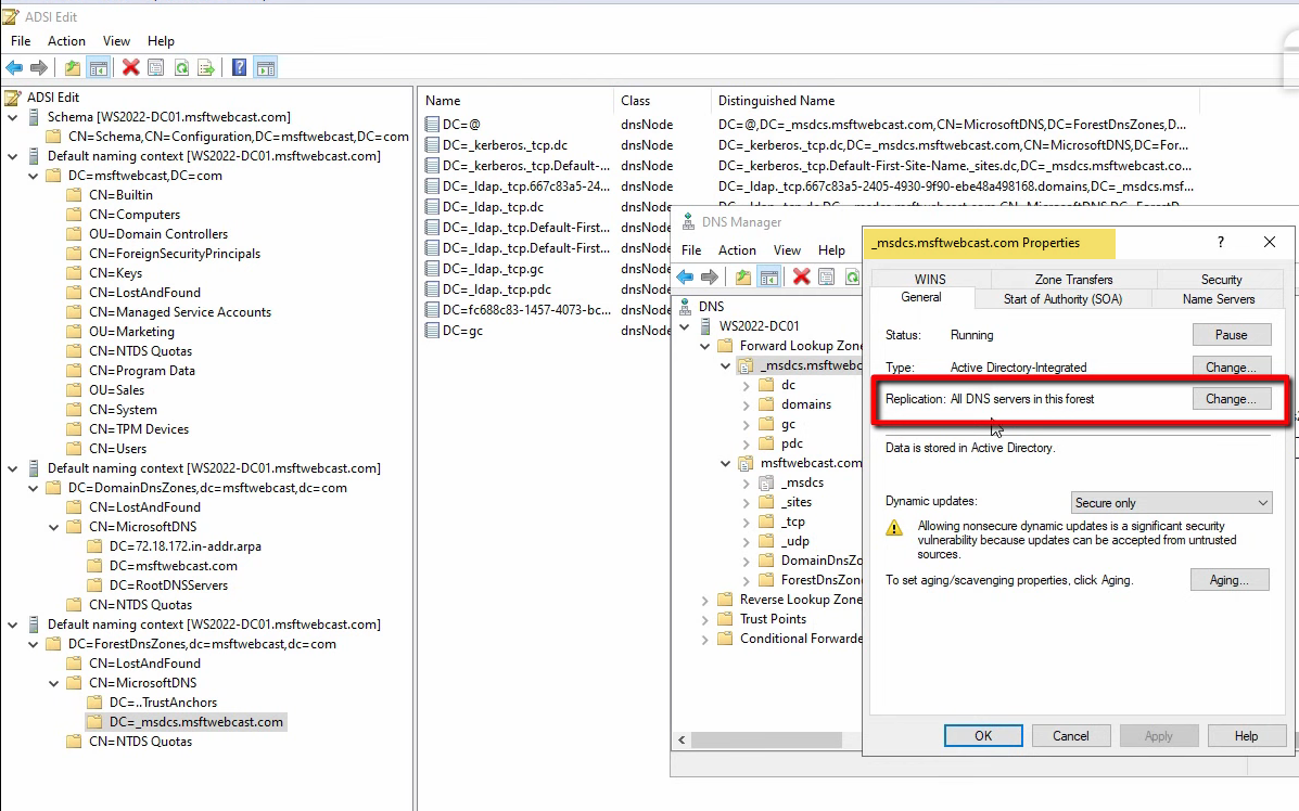 ADSI Edit at the ForestDnsZones partition showing the _msdcs zone with SRV records for DC discovery