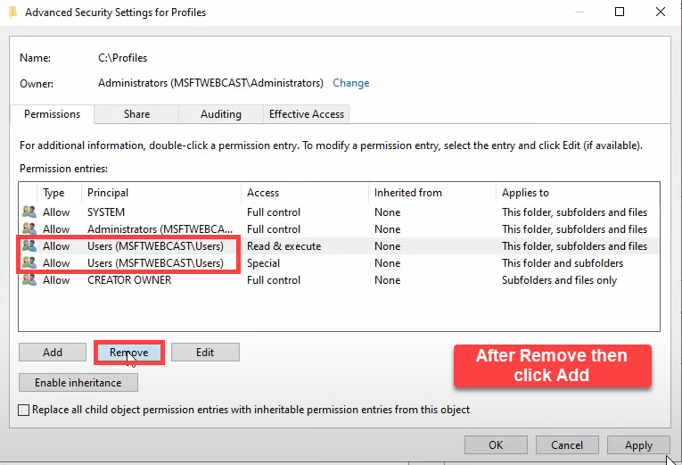 Step 11 of the roaming-profile setup workflow on Windows Server 2022