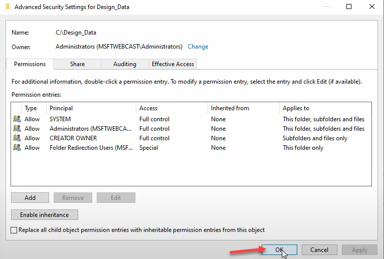 Permission Entry showing Create folders / append data ticked.
