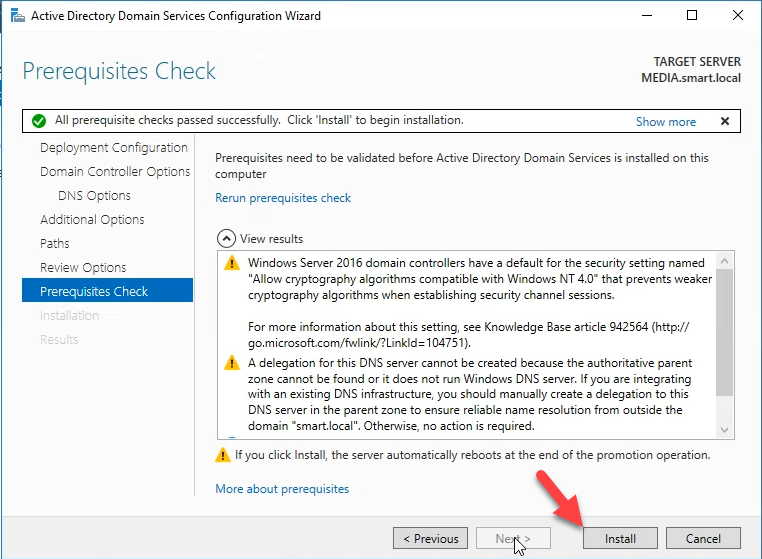 Prerequisites Check passed in the AD DS Configuration Wizard, ready to install.