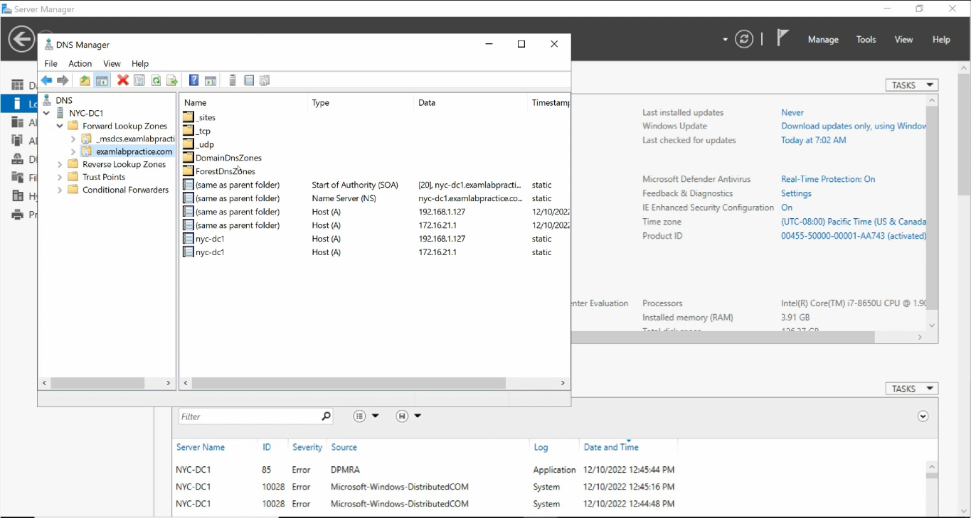 DNS Manager refreshed showing _msdcs _sites _tcp _udp DomainDnsZones ForestDnsZones folders regenerated