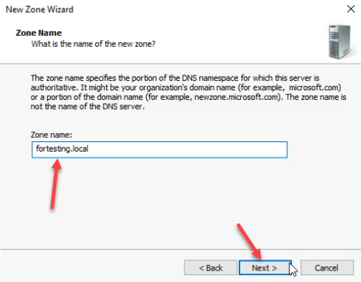 New Zone Wizard Zone Name page with fortesting.local entered