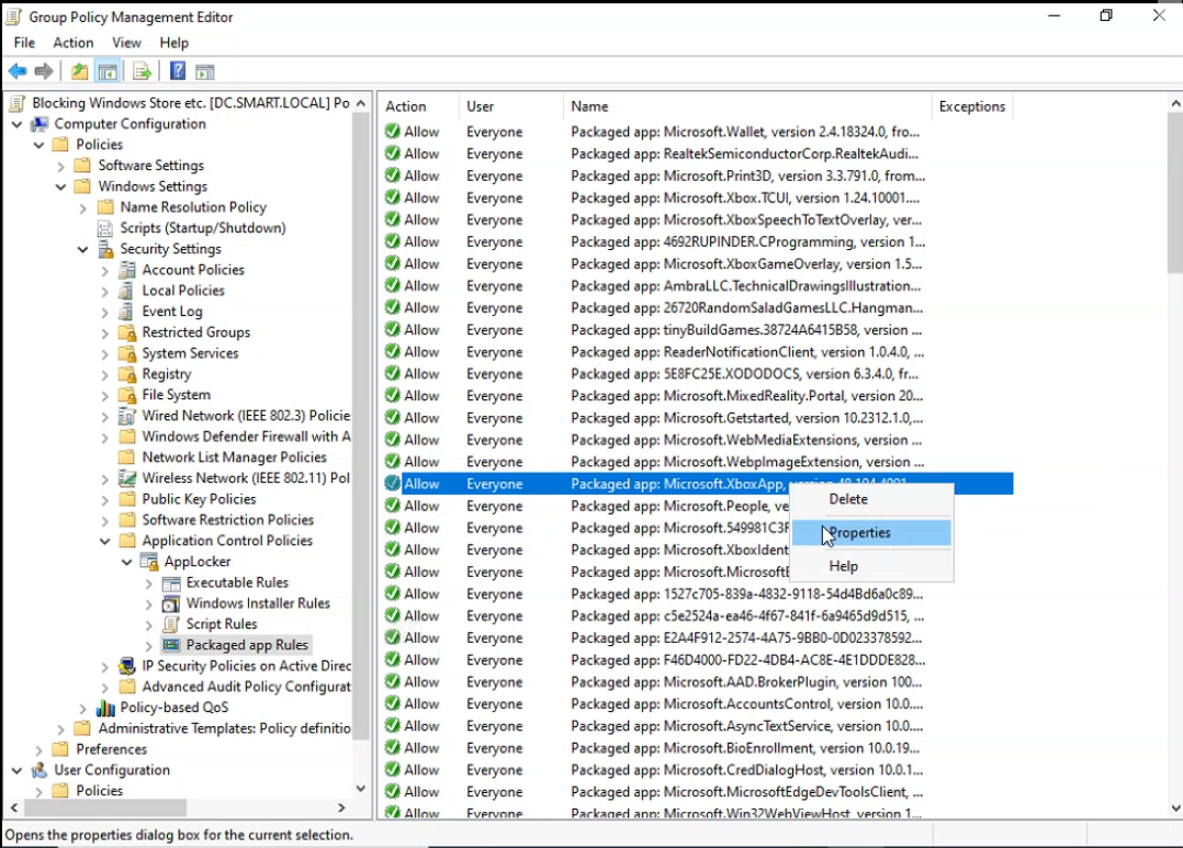 GPO Editor Packaged app Rules pane showing the imported list of 132 Allow Everyone rules with a context menu open