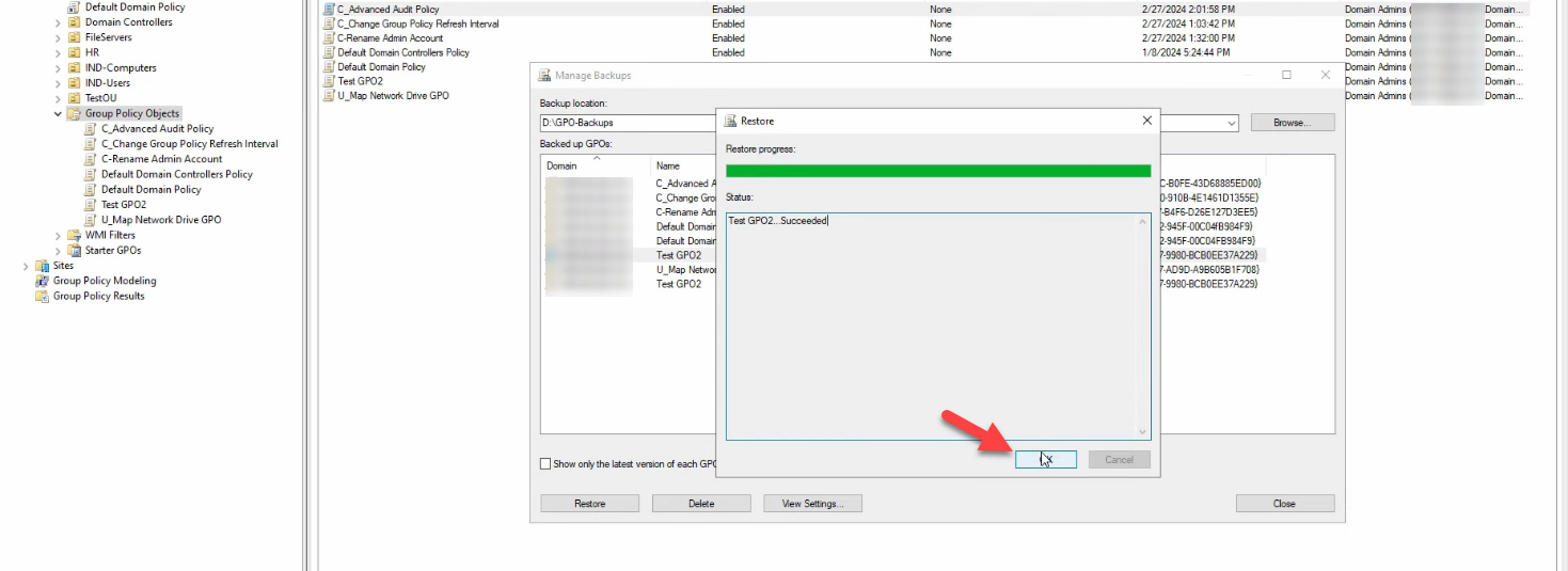 Restore dialog showing progress and Test GPO2 status of Succeeded