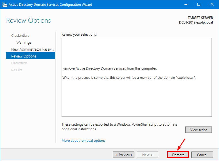 Review Options page with Demote button