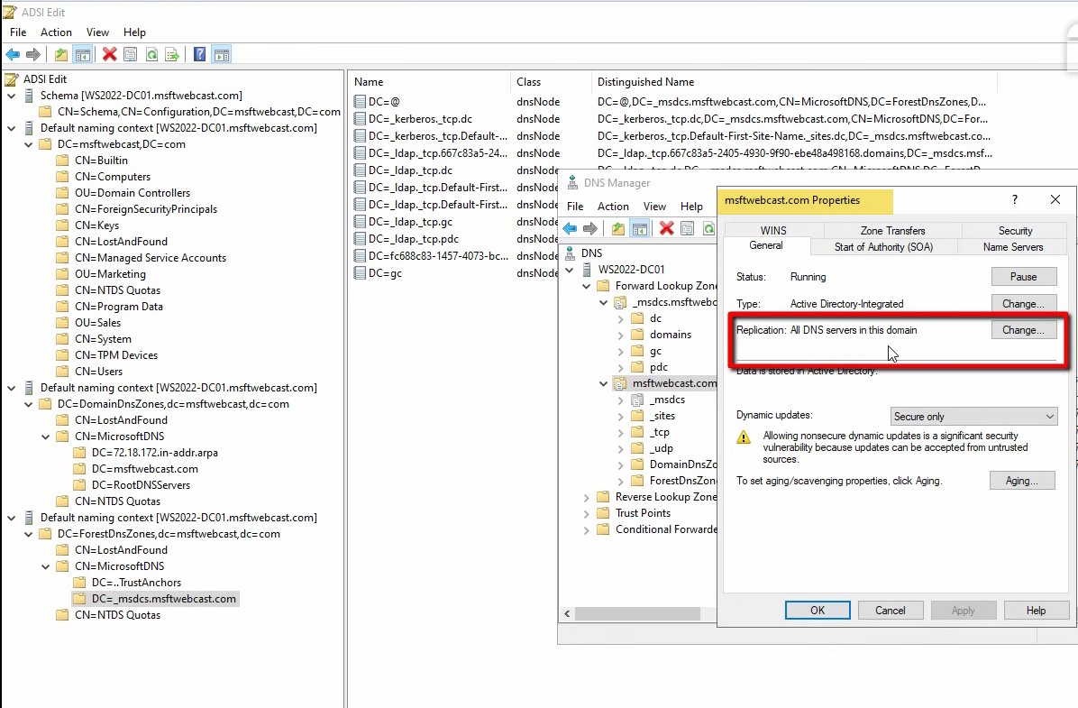 DNS Manager zone properties dialog showing zone replication scope set to All DNS servers in this forest
