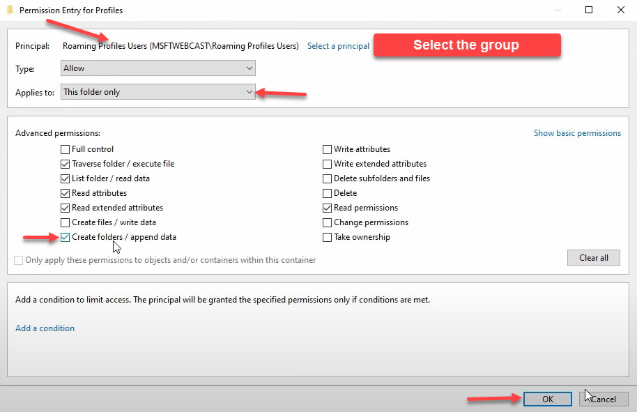 Step 12 of the roaming-profile setup workflow on Windows Server 2022