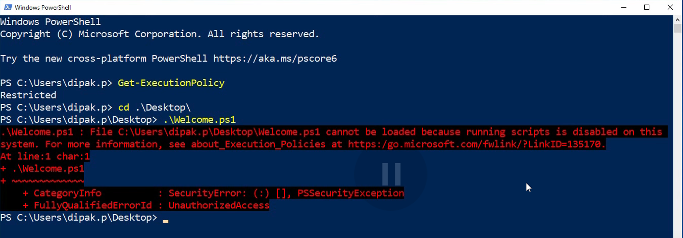 PowerShell session showing the script blocked error after the GPO was disabled, returning to the Restricted default
