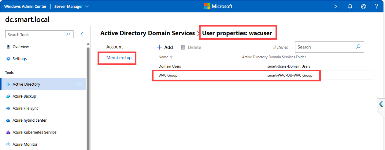 User Membership tab showing the WAC Group entry.