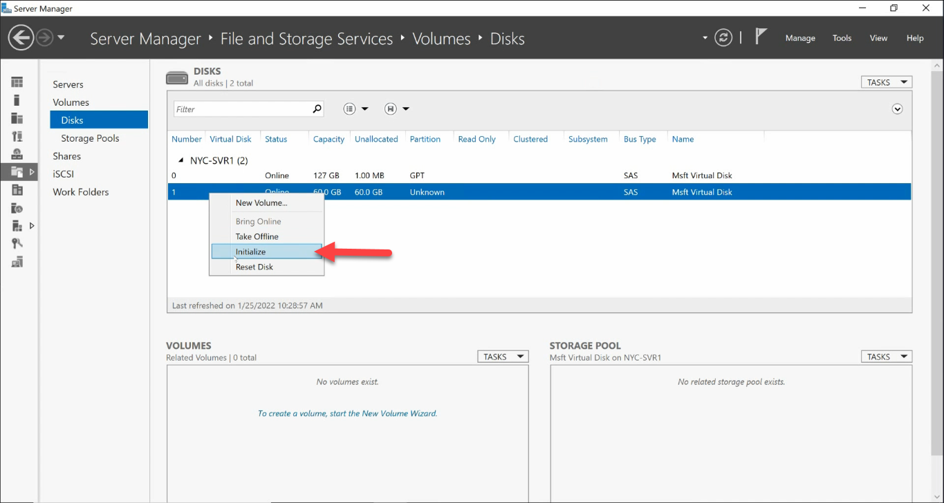 Server Manager Disks Initialize highlighted