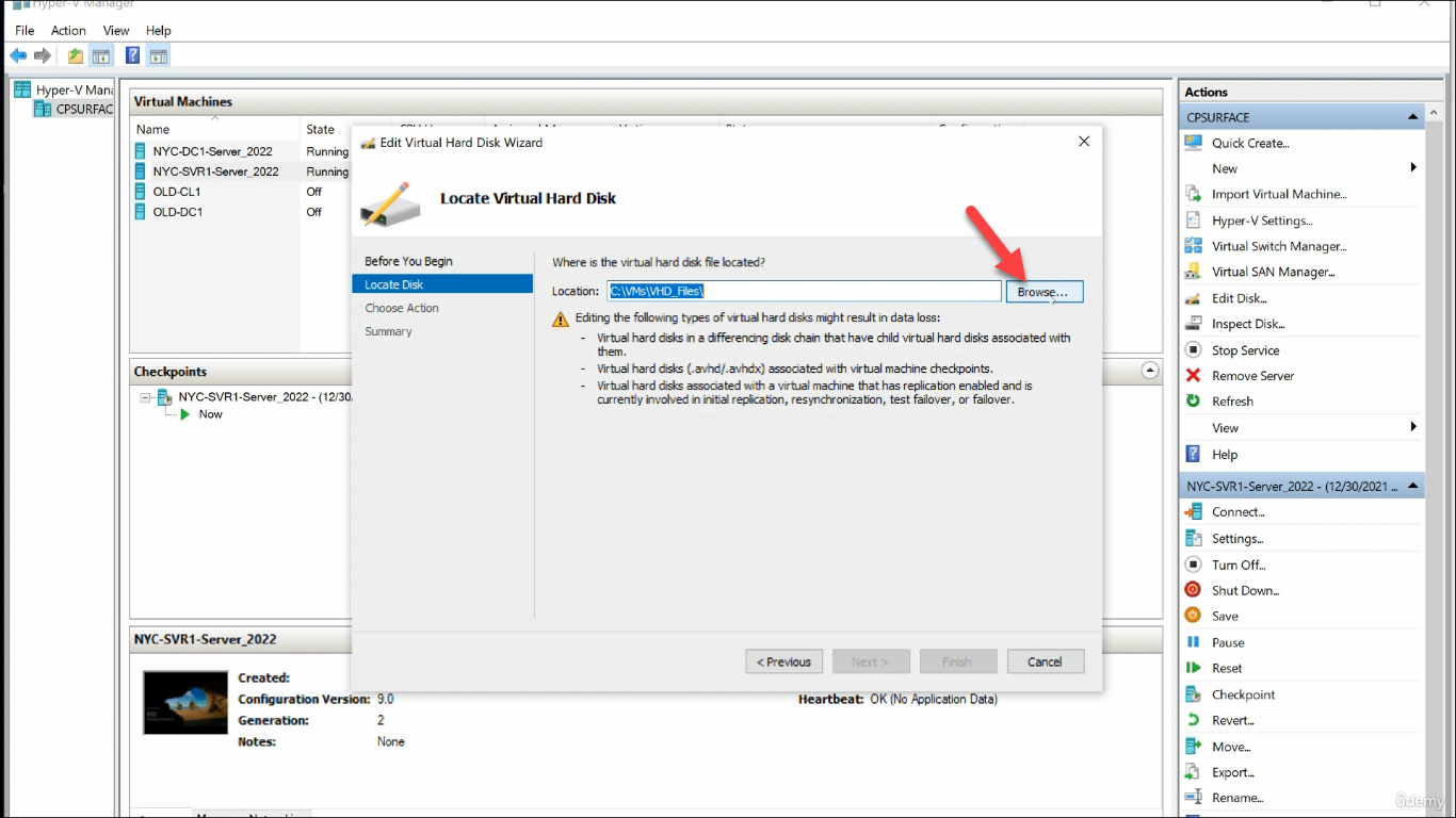 Wizard Locate Virtual Hard Disk page with Browse highlighted