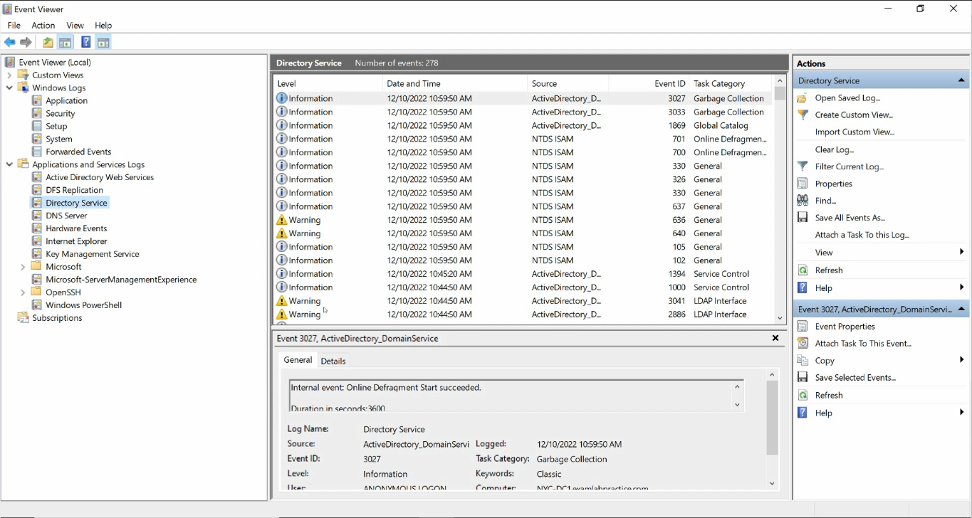 Event Viewer Directory Service log showing AD events