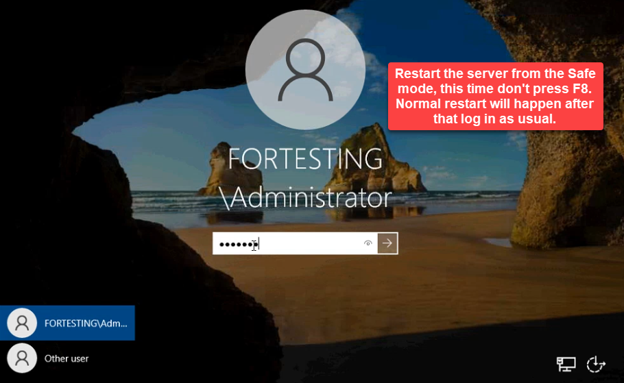 Windows logon screen showing FORTESTING domain administrator with password being entered to sign in