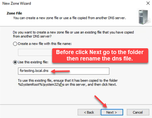 New Zone Wizard Zone File page with Use this existing file selected and fortesting.local.dns entered