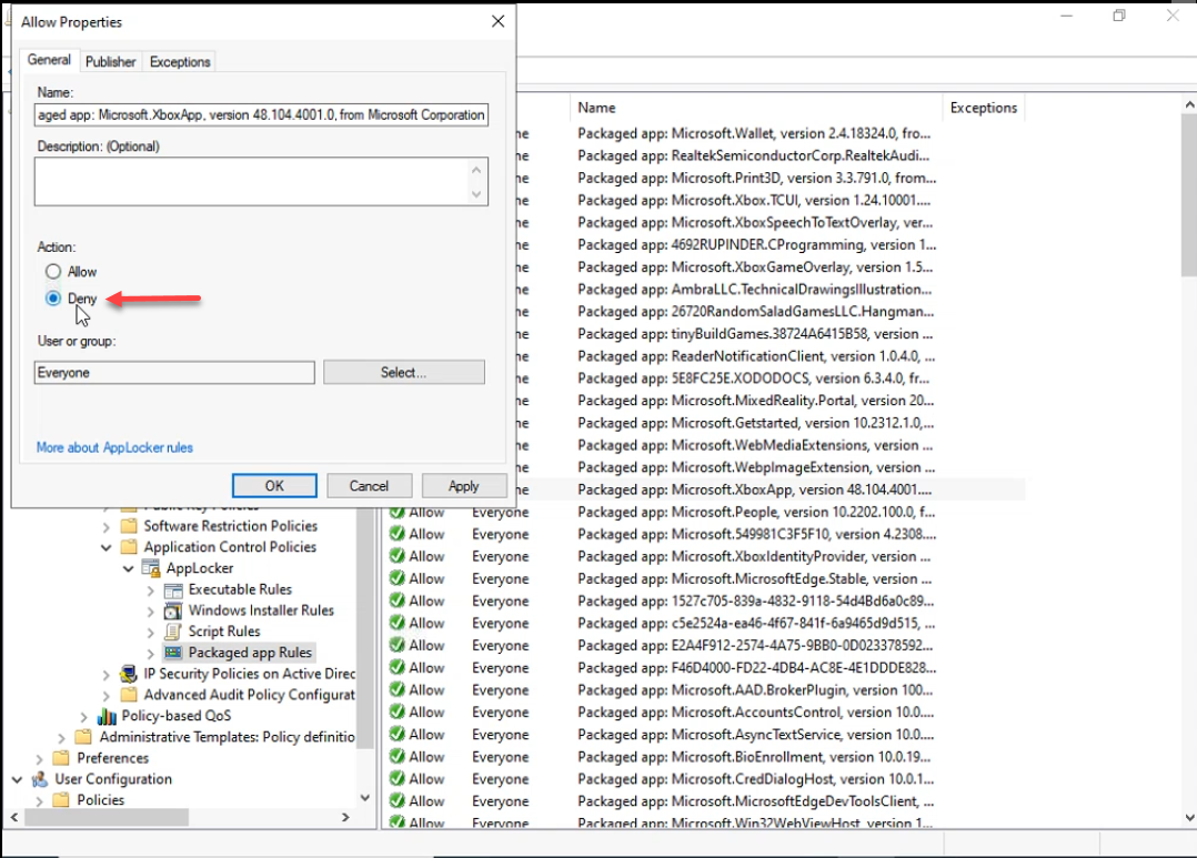 Allow Properties dialog with the Exceptions tab open showing Publisher condition fields for Microsoft.WindowsStore