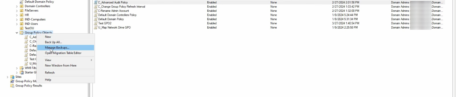 GPMC right-click context menu on Group Policy Objects with Manage Backups highlighted