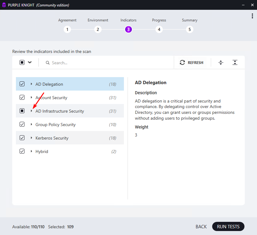 Indicators step with 6 categories listed
