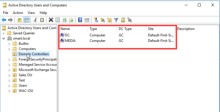 Active Directory Users and Computers showing both DC1 and the new DC under the Domain Controllers OU.
