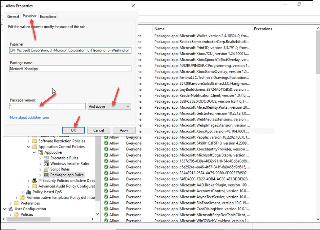 Allow Properties Exceptions tab with the Publisher condition editor adding a specific package as an exception