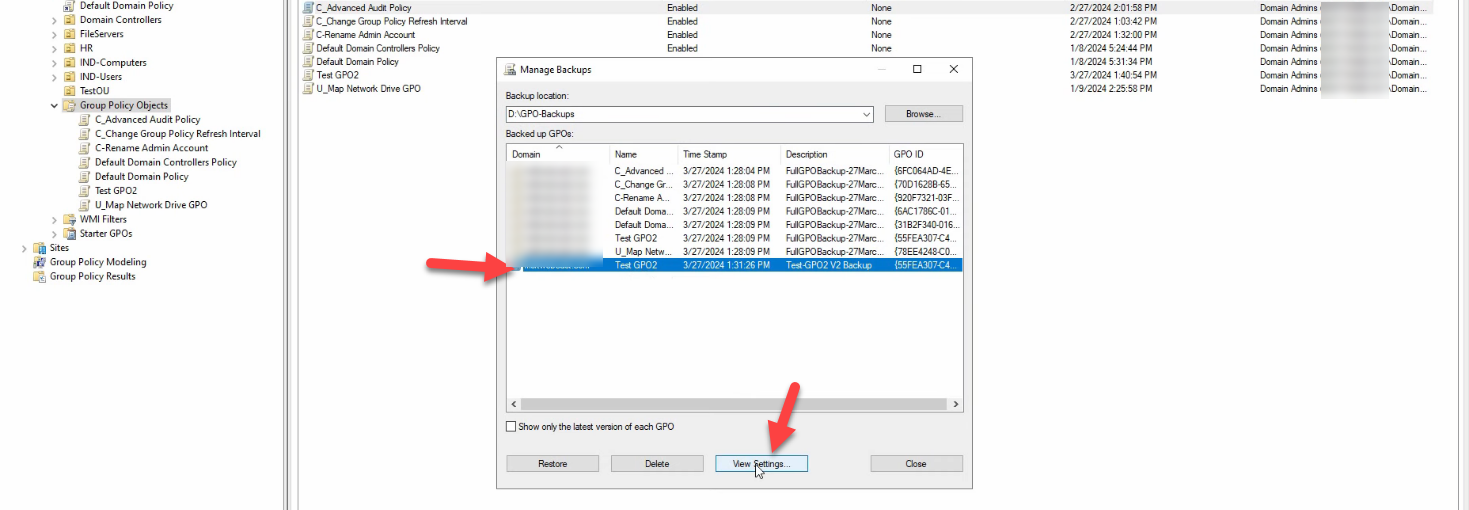 Manage Backups dialog listing the available GPO backups with the Restore button highlighted