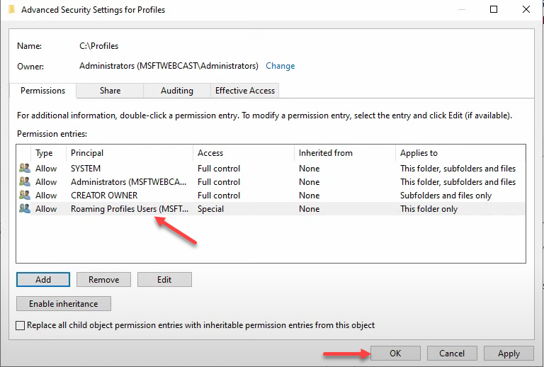 Step 13 of the roaming-profile setup workflow on Windows Server 2022