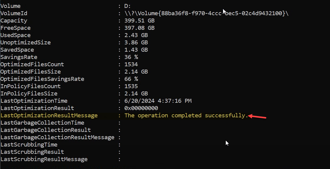 Format-List output highlighting LastOptimizationResultMessage as completed successfully.