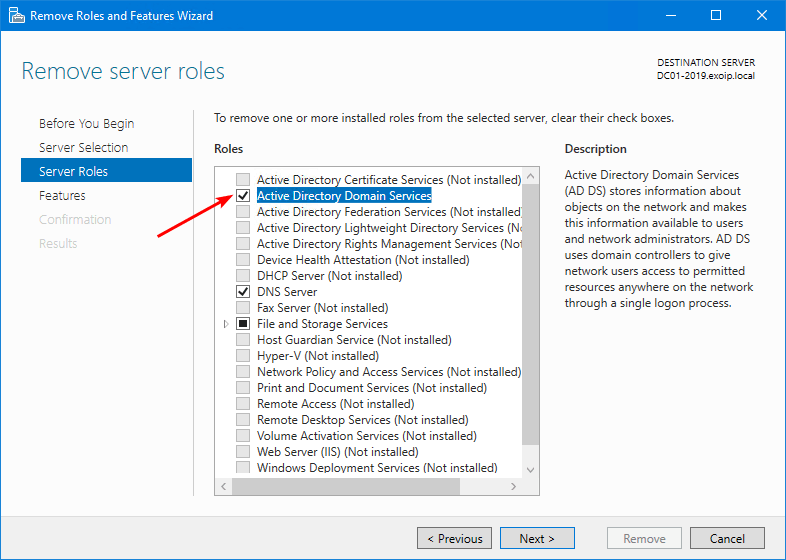 Server Roles page after reboot Active Directory Domain Services still listed