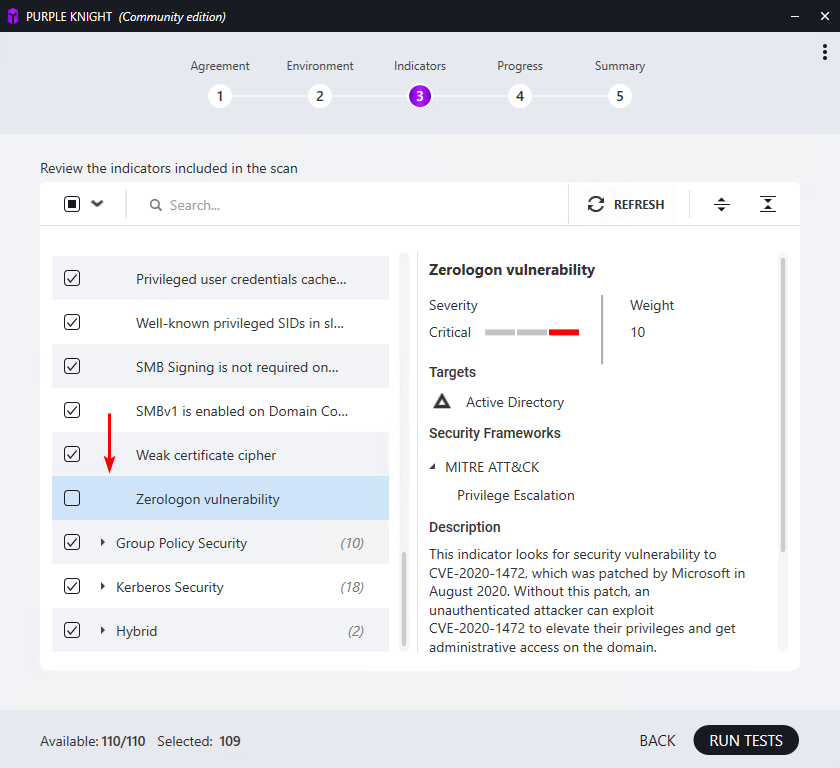 Zerologon vulnerability indicator unchecked