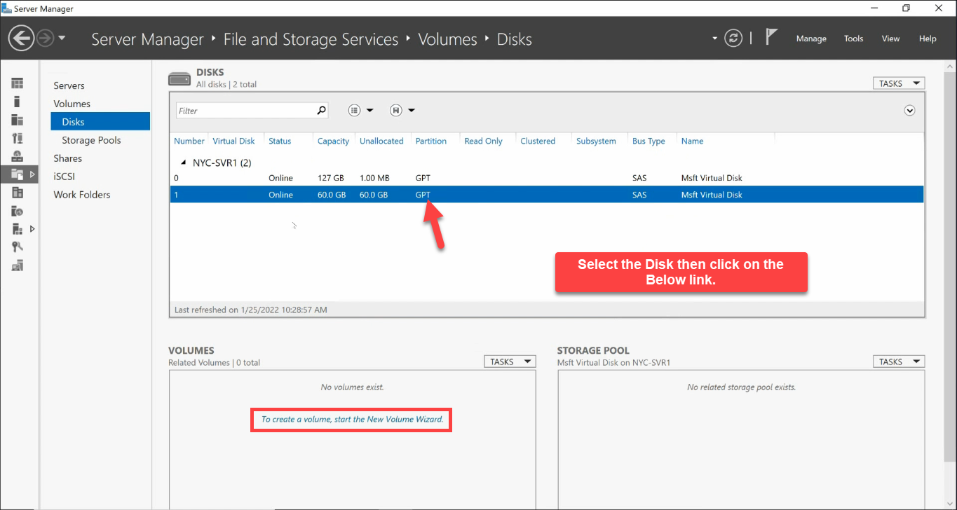 Disks pane select disk and start New Volume Wizard link