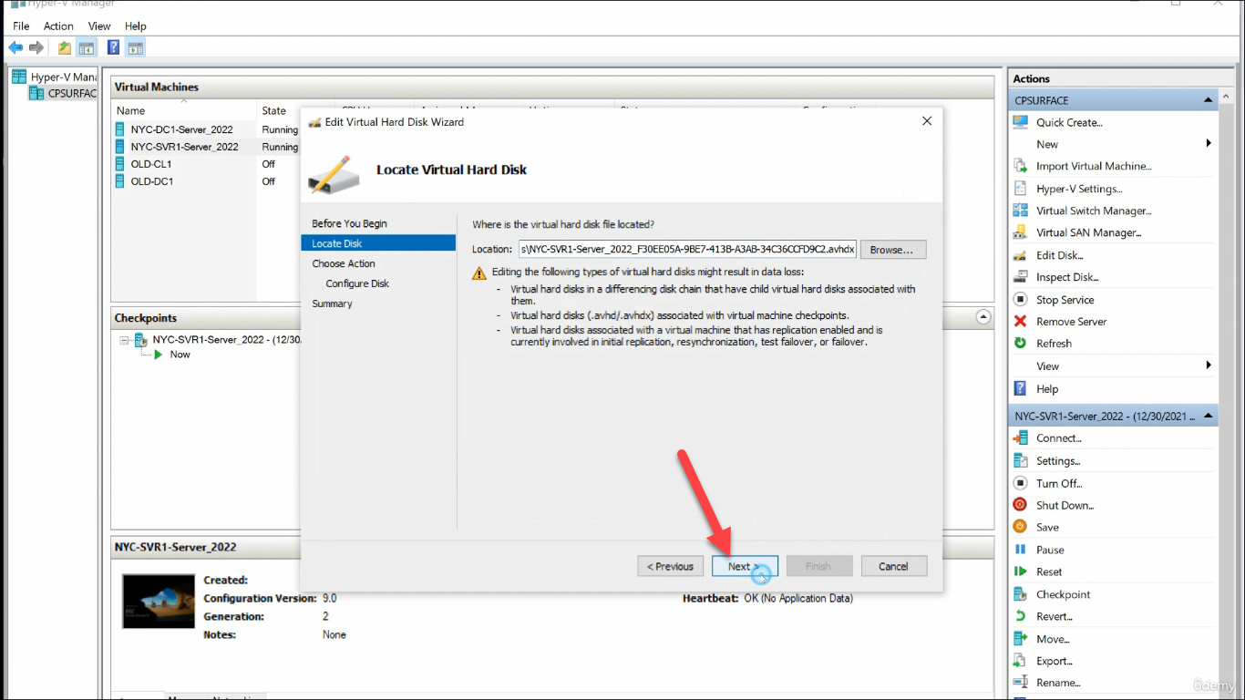 Wizard Locate page with selected avhdx populated and Next highlighted