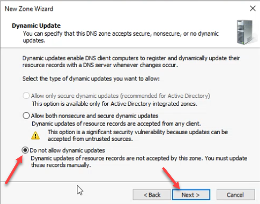 New Zone Wizard Dynamic Update page with Do not allow dynamic updates selected