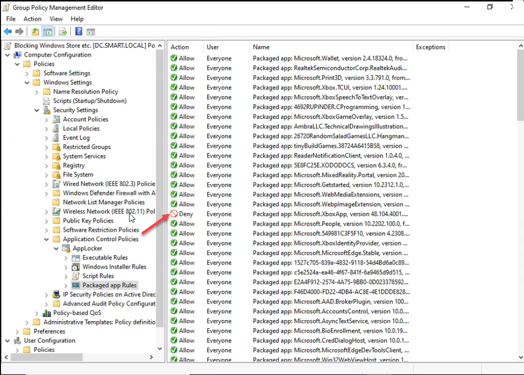 GPO Editor Packaged app Rules list after exceptions added