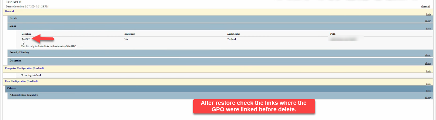 GPMC right-click context menu on Test GPO2 with Delete highlighted