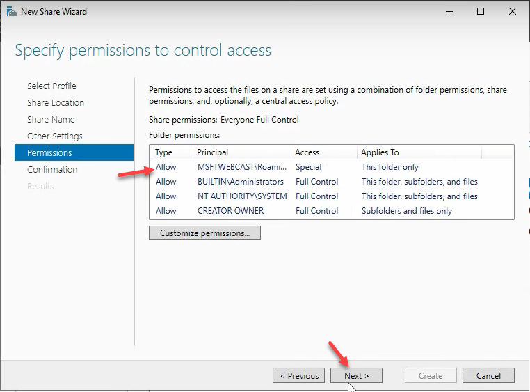 Step 14 of the roaming-profile setup workflow on Windows Server 2022