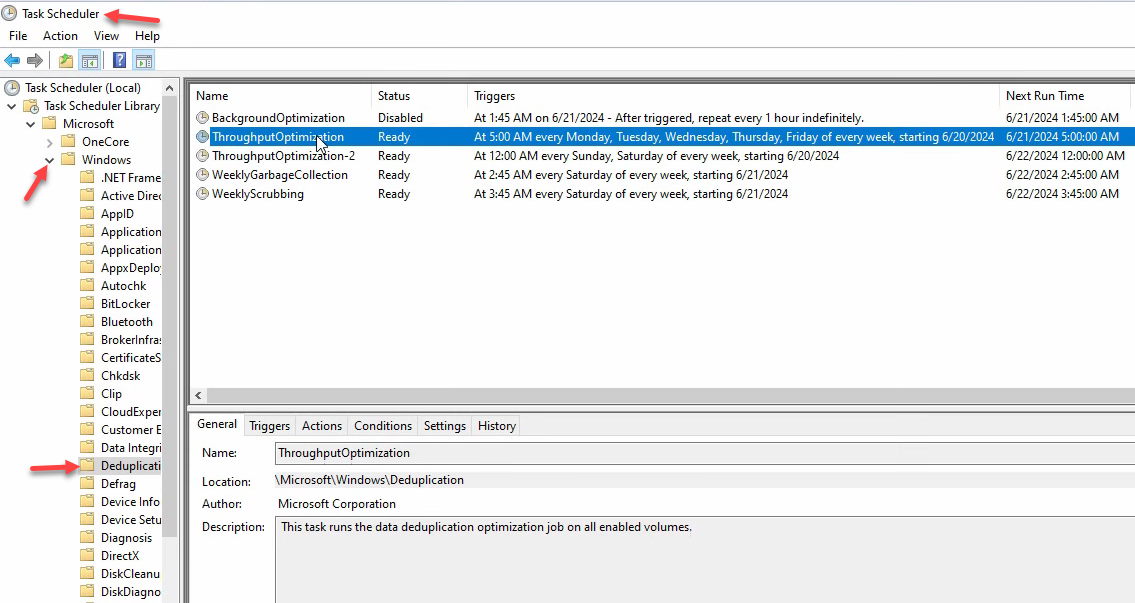 Task Scheduler Library opened to Microsoft, Windows, Deduplication node with built-in tasks.