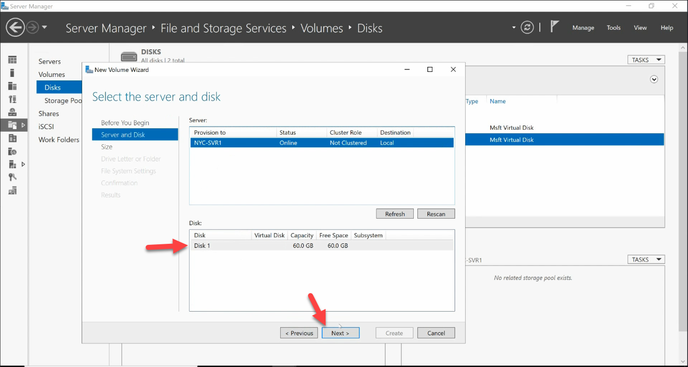 New Volume Wizard select server NYC-SVR1 and disk 1 60 GB