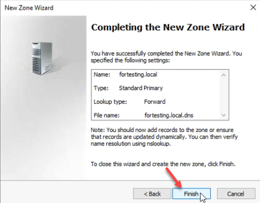 New Zone Wizard completion page summarising the new fortesting.local Standard Primary zone