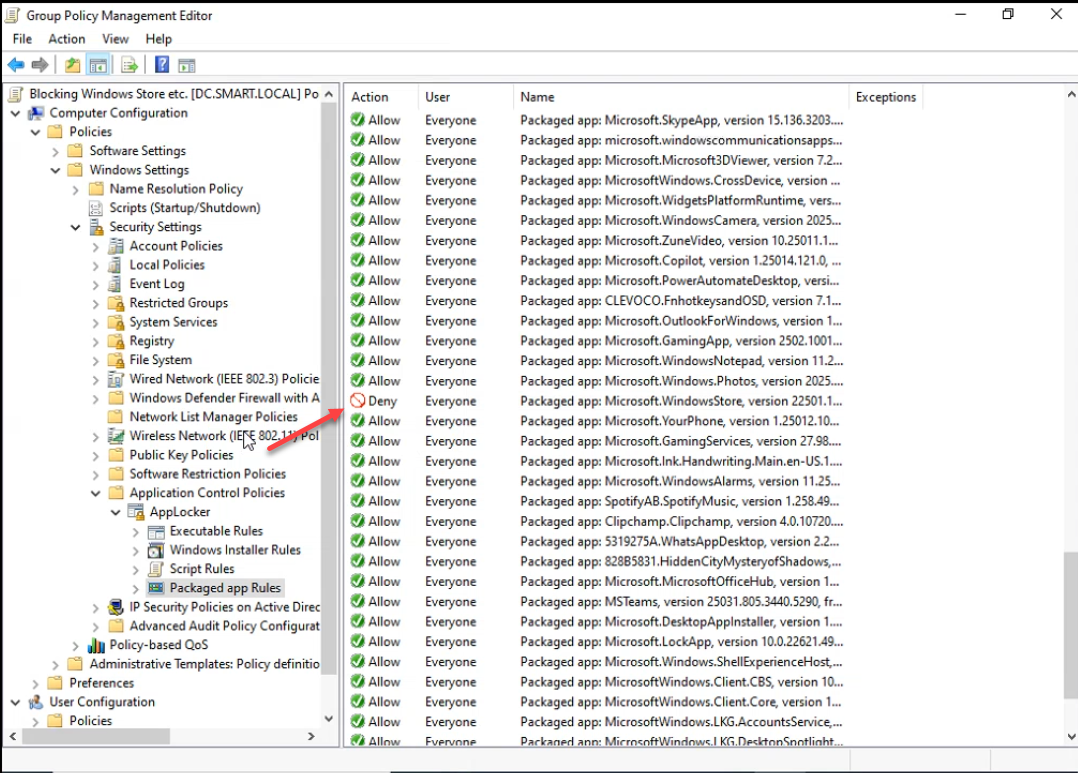 GPO Editor Packaged app Rules list showing all entries scrolled mid-list