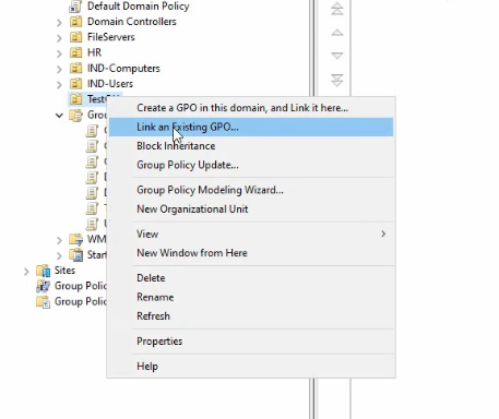 GPMC right-click context menu on the TestOU with Link an Existing GPO highlighted