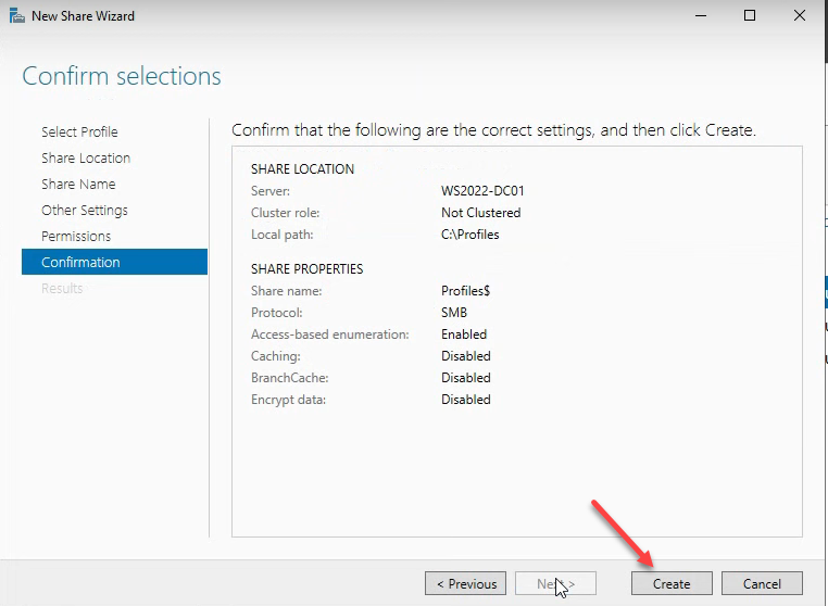 Step 15 of the roaming-profile setup workflow on Windows Server 2022