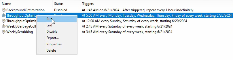 Task Scheduler showing BackgroundOptimization, ThroughputOptimization, GarbageCollection and Scrubbing tasks.