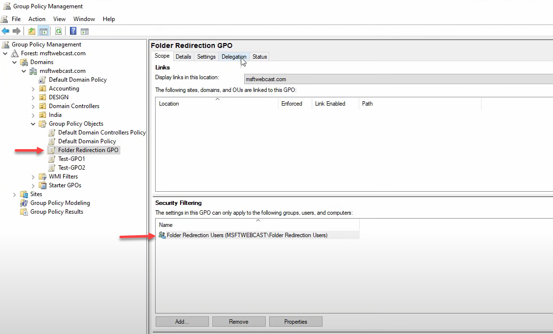 Group Policy Management showing the Folder Redirection GPO with custom security filtering.
