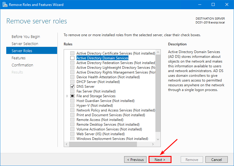 Server Roles page with AD DS unchecked Next button